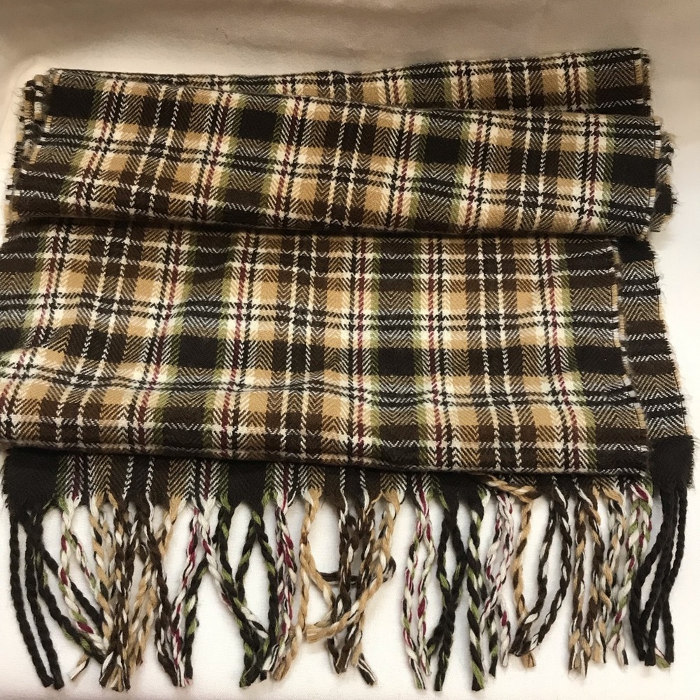 Kennedy Scotland 100%Cashmere tan/brown/white Plaid Scarf 64x12